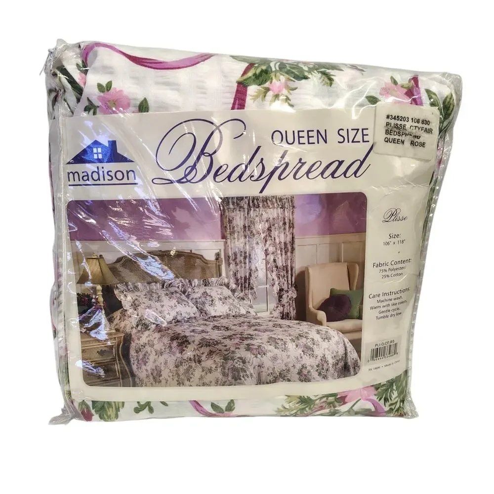 Madison Plisse Bedspread Queen Size 106”x118” Pink Floral New OldStock Vintage